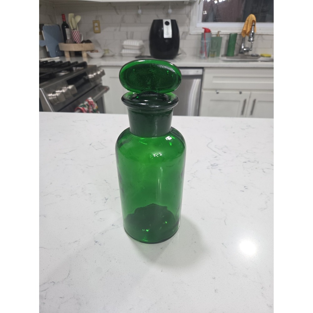 Vintage Empoli Emerald Green Glass Apothecary Lidded Jar ITALY Tab Handle 8"